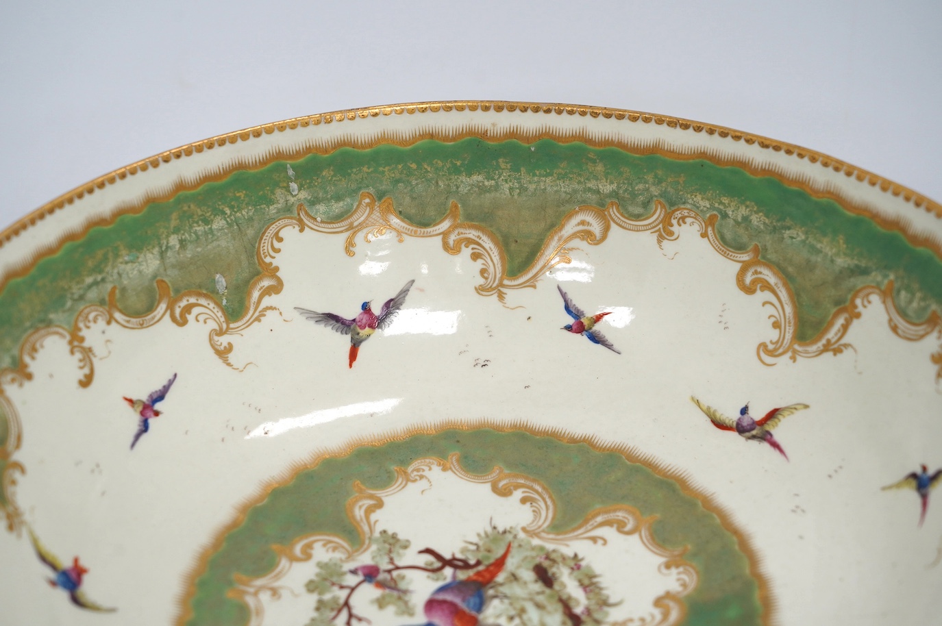 A large Worcester 'Fantastic Birds' bowl, c.1780, 28cm diameter. Condition - good, would benefit from a clean